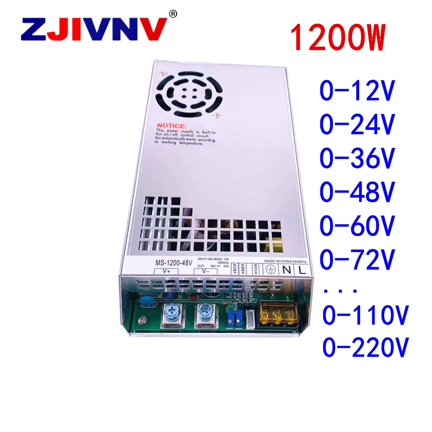 

1200W Adjustable voltage current Switching Power Supply 0-12V 24v 36v 48v 60v 72v 90v 110V 220V 20A 50A 110/220vac CC CV PSU