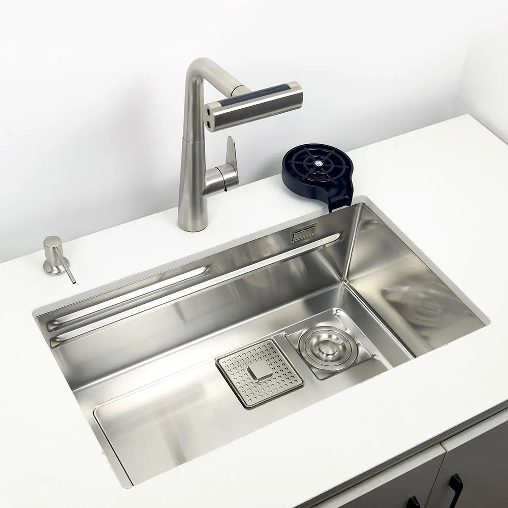 Unterbau-Küchenspüle aus 304 Edelstahl mit Wasserfallarmatur, Multifunktionale Einzelwaschbecken – Detail 6