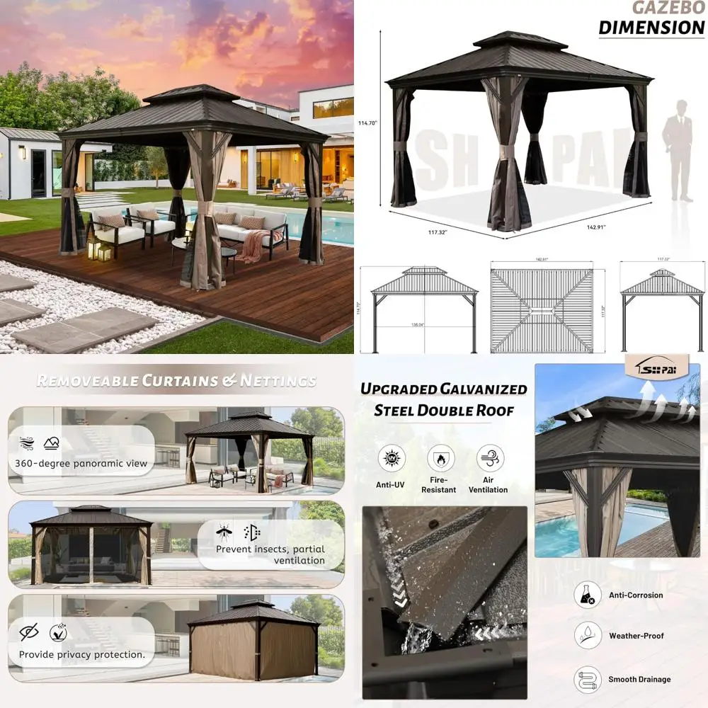 

10’ x 12’ outdoor hardtop gazebo with gutters, double roof galvanized metal gazebo for backyard, patio, deck, hot tub, heavy dut