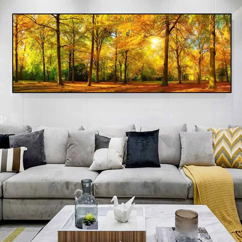 المشهد الأخضر الأصفر شجرة الغابات قماش اللوحة أشعة الشمس الملصقات و يطبع جدار صور غرفة المعيشة ديكور المنزل لا الإطار