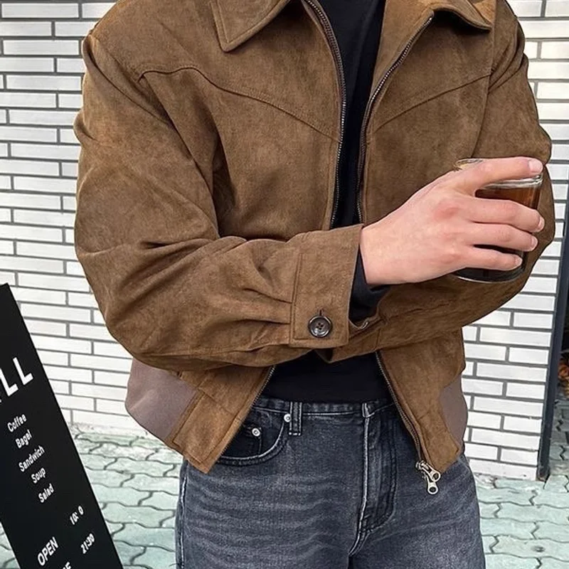 الرجال خمر سترة قصيرة التلبيب الخريف سستة موضة سترة من جلد الغزال أبلى سترة واقية الذكور الملابس الشتاء سترة الرجال