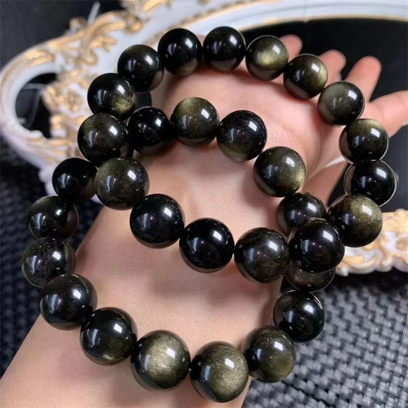 Natural Golden Obsidian Bracelet Energy Crystal Aura Healing Yoga Elastic Couple Jewelry Gift 1pcs 12/14MM