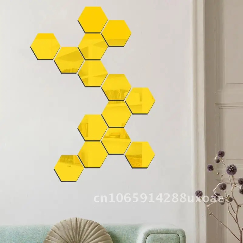 

Hexagonal Acrylic Mirror Wall Stickers DIY Self-Adhesive 3D Home Decor Background Stickers Silver Gold Black Red Blue Coffee