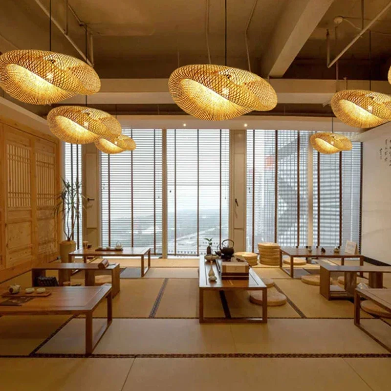 HandMade Bamboo Weaving LED Pendant Lamp Home Decor Hanging Chandelier Lighting Living Room Kitchen Vintage Rattan Woven Light