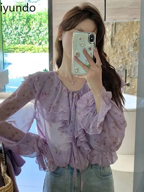 

Ruffled Floral Chiffon Shirt for Women Niche Design Lace-up Sun Protection Top French Style Beautiful Outerwear Loose Blouse