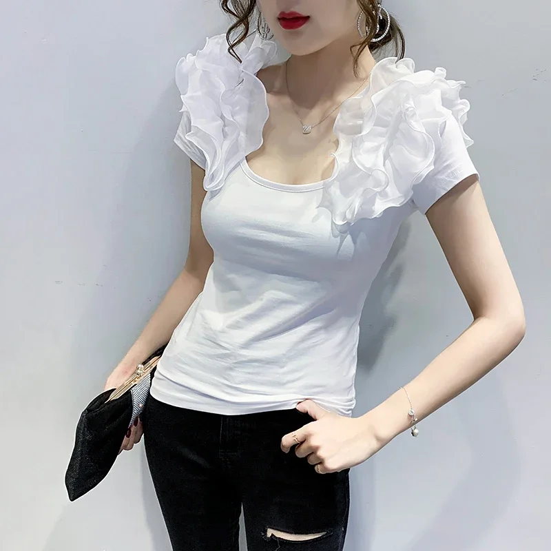 Faionable Ruffle Sve T-irt Women's ort Sve Summer Design Slimming Tight Fit Korean Sle round Ne Top
