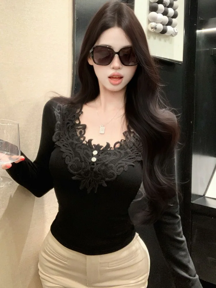 Elegante Camiseta de Manga Larga con Cuello en V y Bordado para Mujer, Camiseta Interior de Encaje, Ropa Interior Negra para Otoño e Invierno, Sexy y Sensual