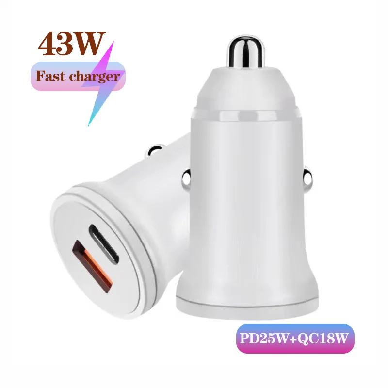 2 Port 43W Mini Car Charger with PD20W QC3.0 Super Fast Charging Cigarette Lighter Adapter for iphone huawei xiaomi Samsung vivo