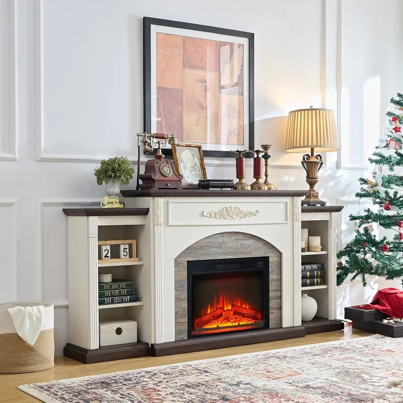 مدفأة كهربائية مقاس 72 بوصة مع رف، حامل تلفزيون أبيض لأجهزة التلفاز حتى 80 بوصة، مركز ترفيه المزرعة مع مساحة تخزين لغرفة النوم