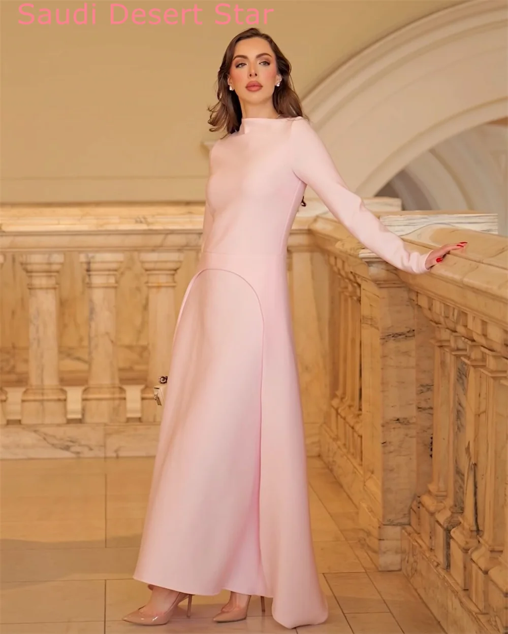 Personalizado moderno rosa cetim vestido de noite elegante tripulação pescoço mangas compridas vestido de festa formal tornozelo comprimento vestidos de celebridades