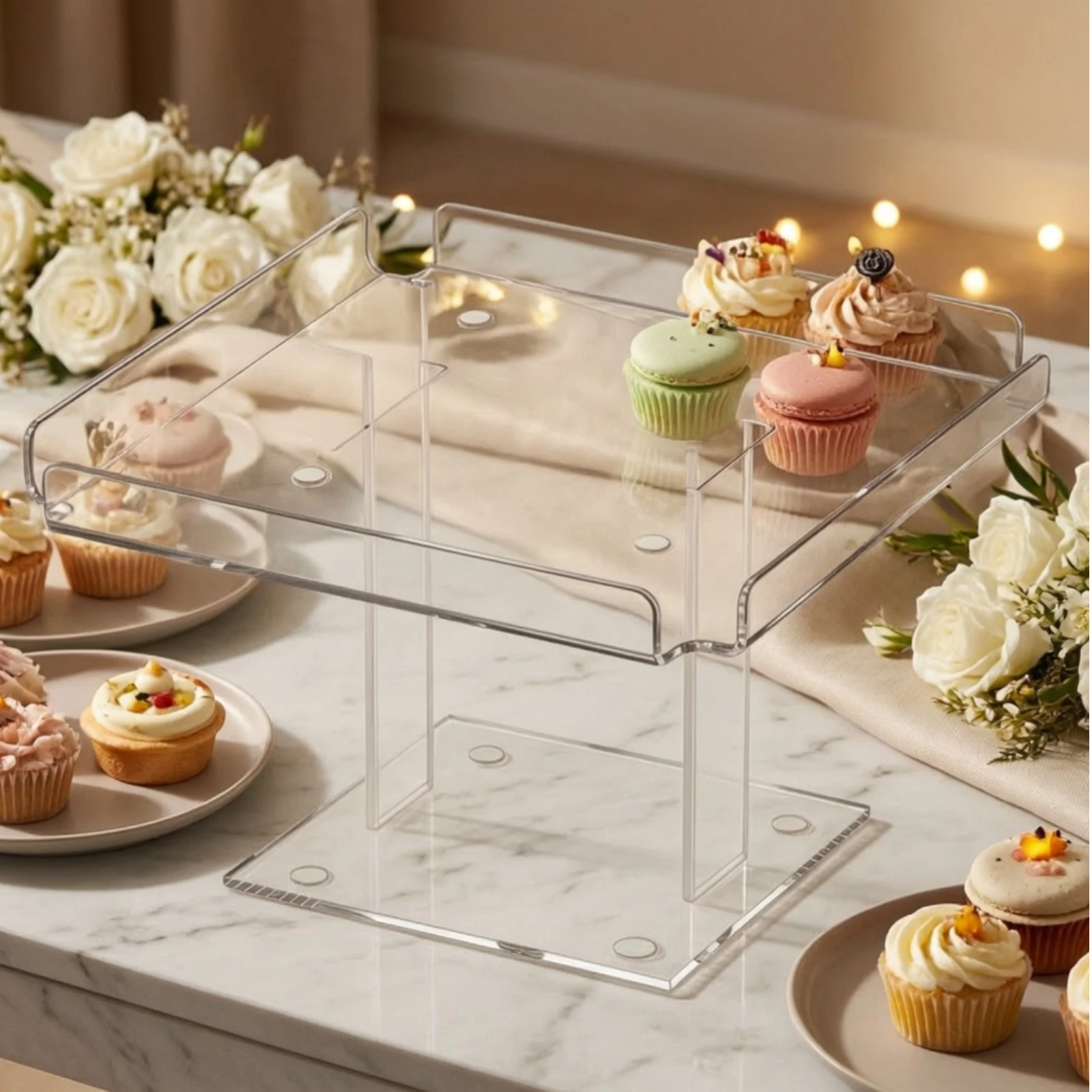 Display Tray with Pedestal Transparent Pastry Display Tray Dessert Stand Modern Cupcake Riser Sturdy for Bakers, Bakery Counters