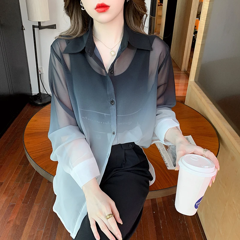 

Ladies Casual Gradient Color Chiffon Shirts Blouse Women Tops Woman Button Up Shirt Female Girls Long Sleeve Blouse BPy618