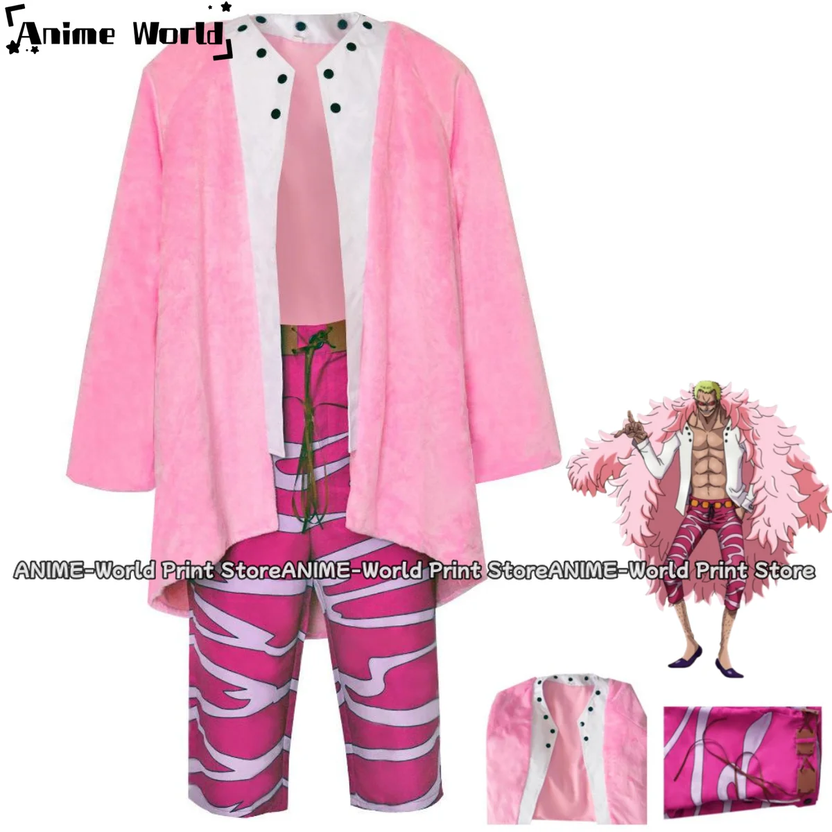 

Anime Donquixote Doflamingo Cosplay Costume Oka Shichibukai King Pink Plush Cloak Shawl Man Halloween Masquerade Ball Suit