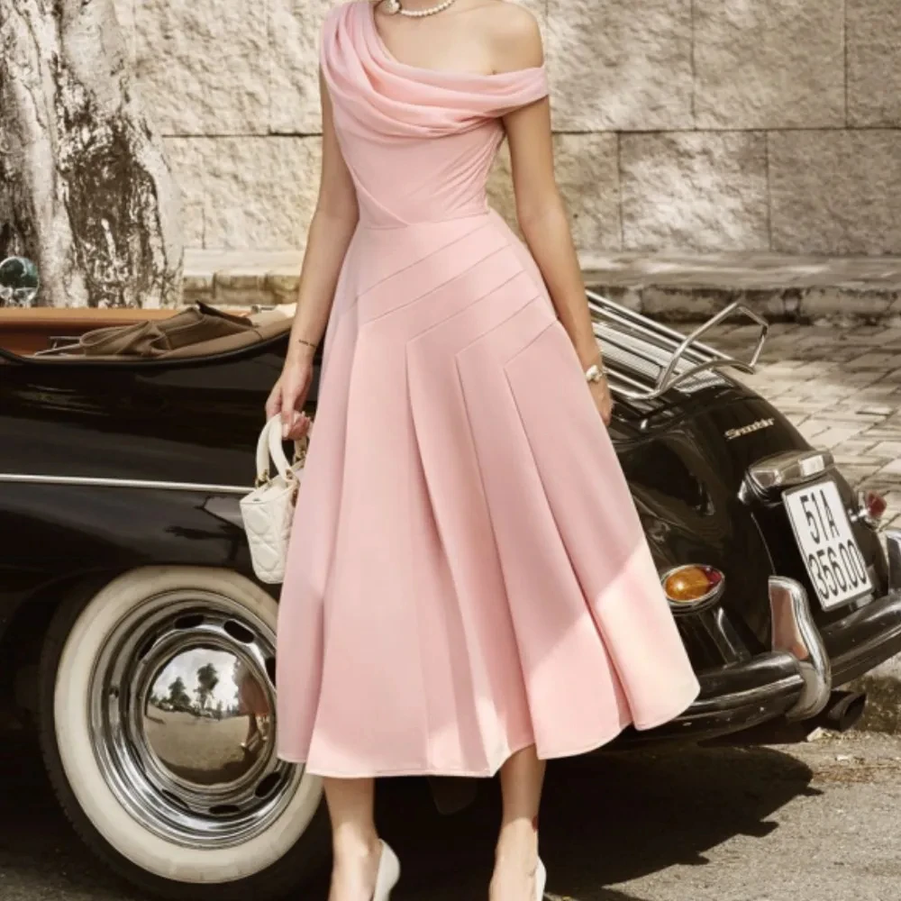 Jirocum Simple One Shoulder A Line Galajurken Dames Geplooide Roze Party Avondjurk Rits Satijn Elegante Formele Gelegenheid Jurk