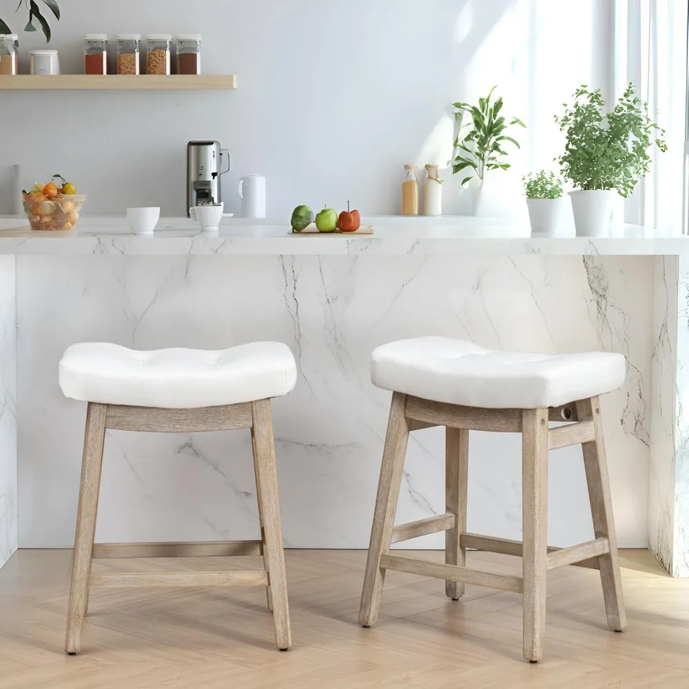 

Counter Height White Bar Stools Set of 2 for Kitchen Counter Farmhouse Modern Barstools with Faux Leather Upholstered Backless S