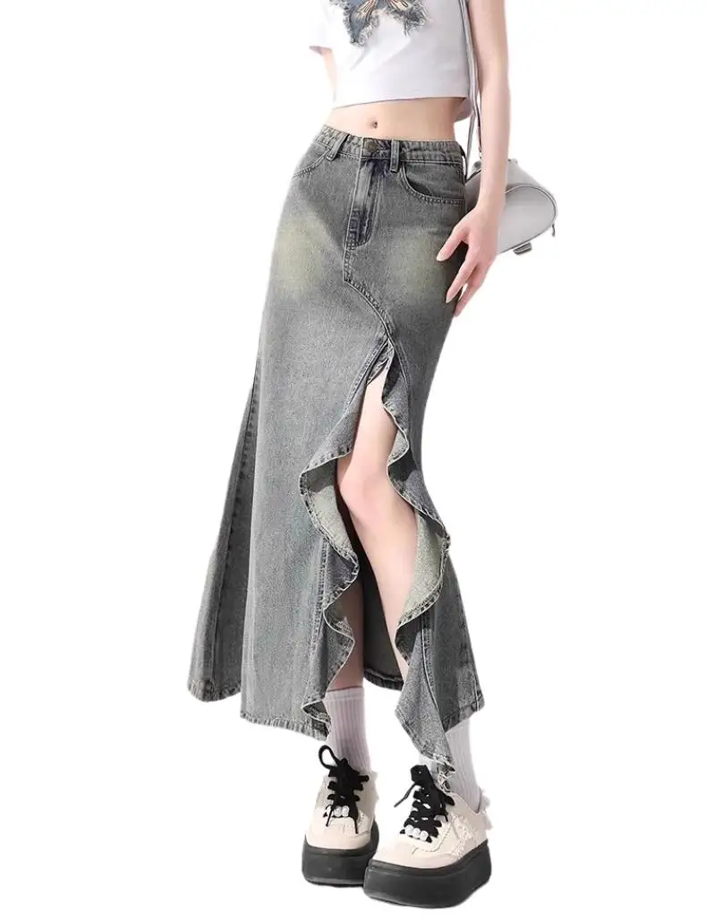 American retro irregular denim skirt for women's summer new high waisted slimming wave split fishtail A-line skirt