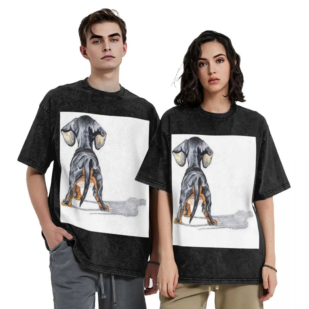 Dachshund Dog Pupy Back Hip Hop Short Sleeve T-Shirts Washed Tops Tees Streetwear T Shirt Cotton for Men Women