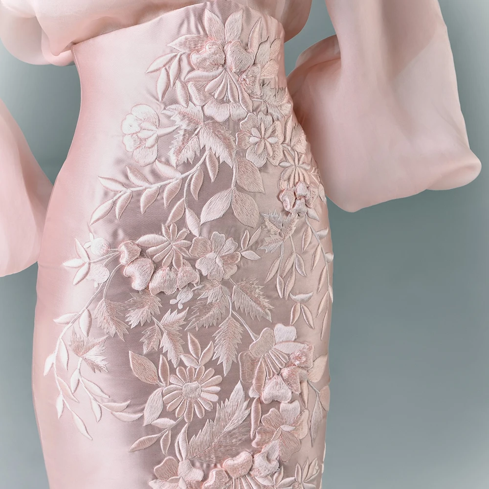 تخصيص حساسة حورية البحر التطريز القوس قبالة الكتف الساتان مساء اللباس أزياء عالية العنق 3/4 الأكمام الديك #2