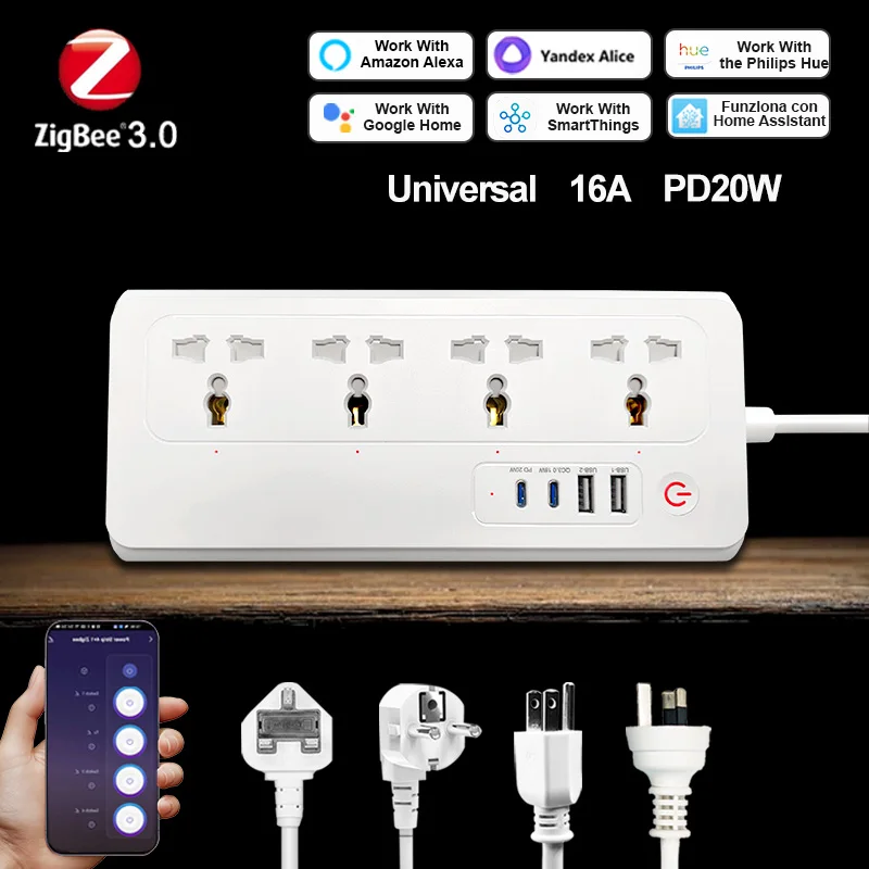 

Zigbee 3.0 Power Strip Universal Smart Socke16A Work With Alexa/Google/SmartThings Support 4 Sockets+2USB+PD20W Fast Charging
