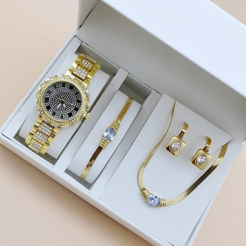 4Pcs Diamond Women Quartz Watches Luxury Ladies Wrist Watches With Stainless Steel Zircon Pendant Necklace Earrings Jewelry Set