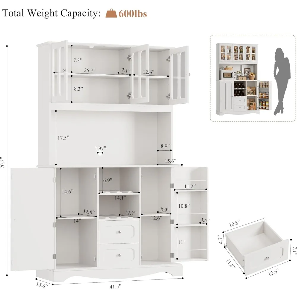 خزانة مخزن طويلة بطول 70 بوصة، وخزانة مطبخ مع حامل ميكروويف، وخزانة تخزين المطبخ الحديثة مع درجين ورف النبيذ المدمج
