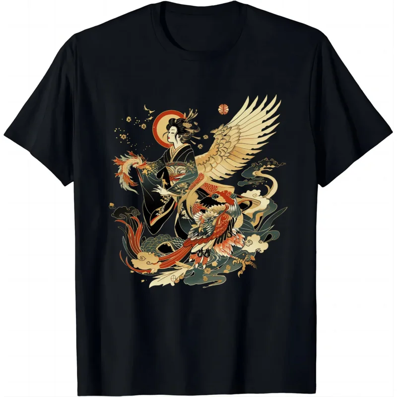 Japanese Retro Vintage Artwork Tengu Goddess Playing Flute T-Shirt Japanese 2000s Style Y2k  Women Clothing