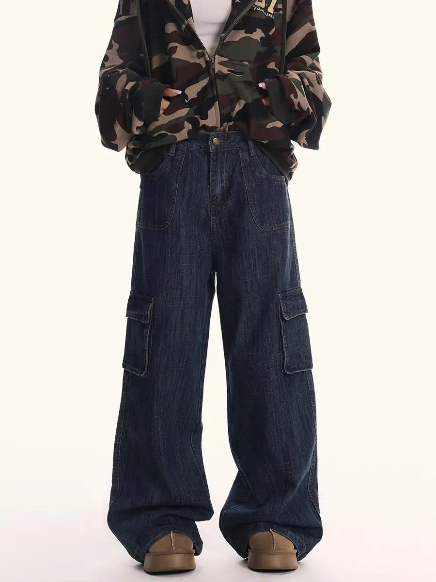 

Loose Straight Leg Denim Workwear Jeans ex Deep Blue American Retro Multi ket Casual Wide Leg Long Trousers Trendy