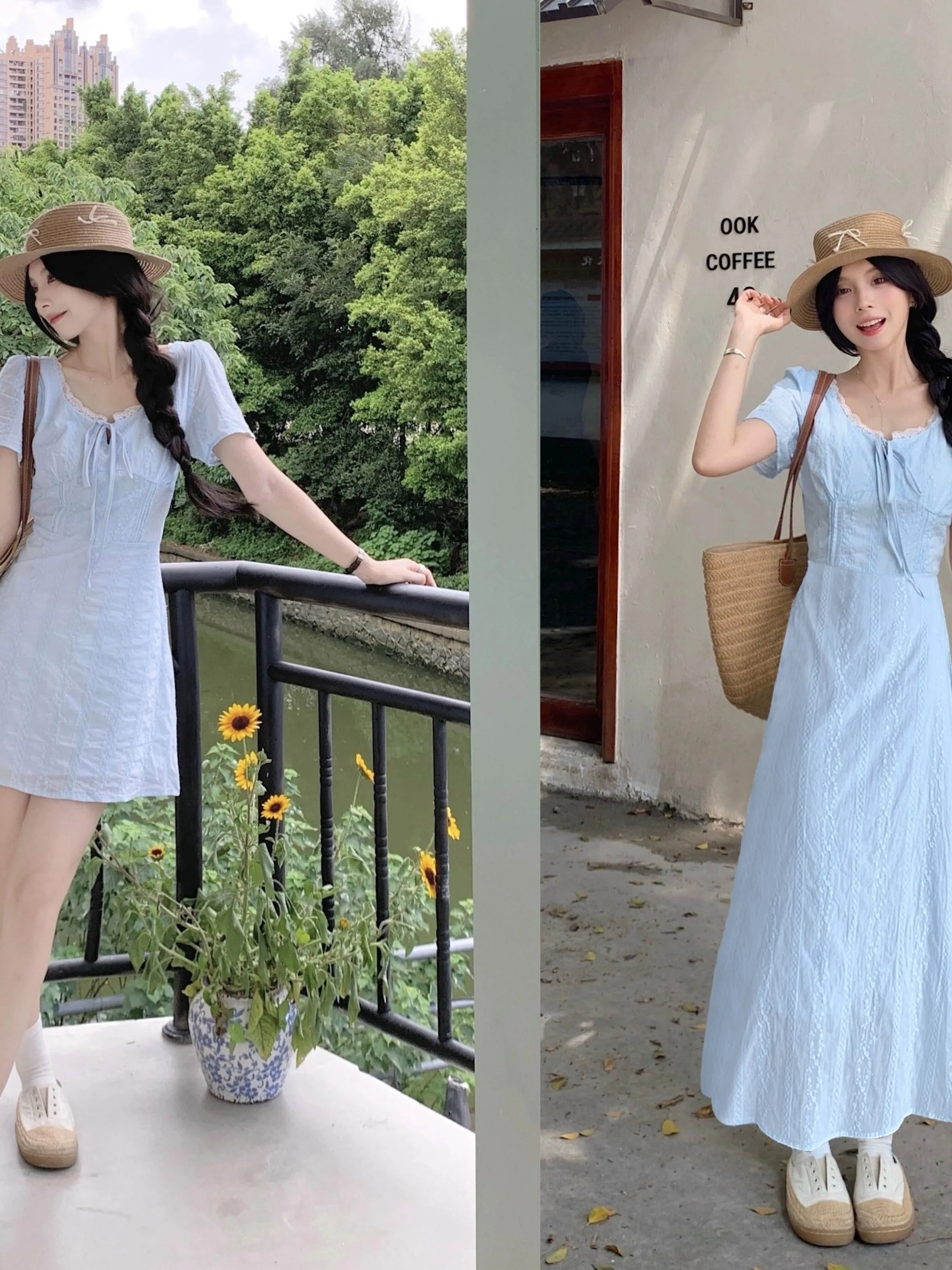 

plus Size Women's Blue Lace Splice Square Collar A-Line Long Dr Summer New Sle Waist Cinching Belly Covering ort Sve