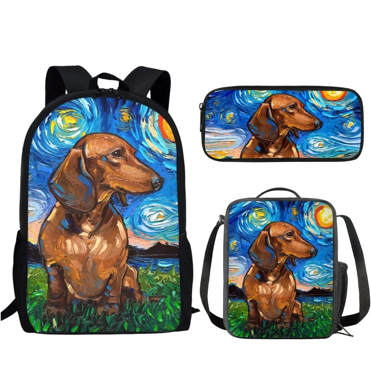 Saco de escola estilo pintura a óleo, mochila leve para meninos e meninas adolescentes, estojo de lápis casual, design de cachorro, 3 set