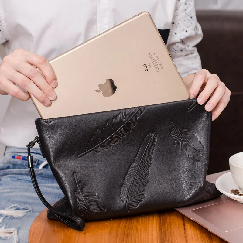 SENOFAN Brand Day Clutches Men Long Hand Bag Genuine Leather Male Leaves Embossing Envelope Bag Wristlets Wallet High Quality