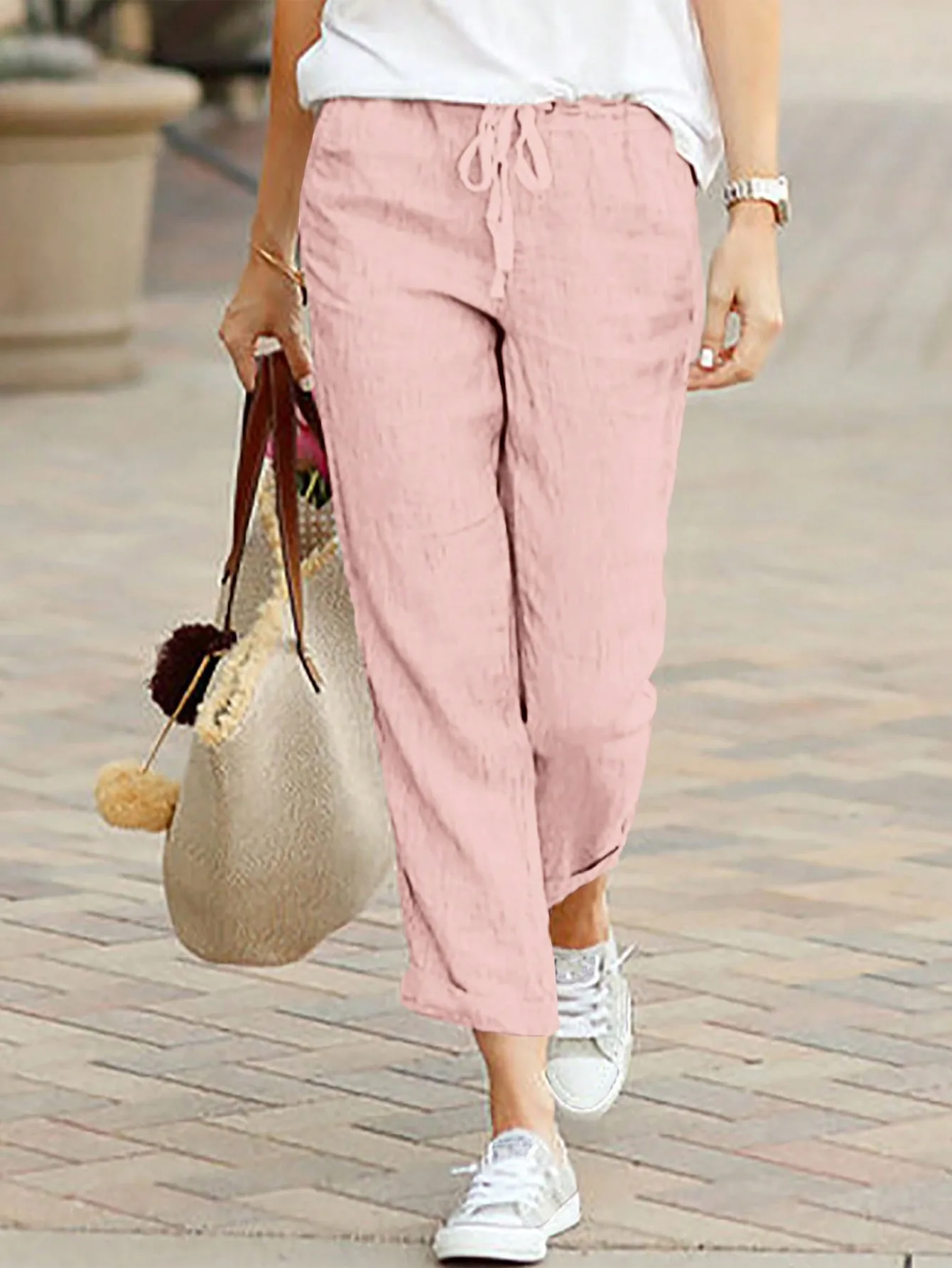 Women Casual Solid Color Long Trousers With Pockets Loose Drawstring Elastic Waist All-Match Straight Pants