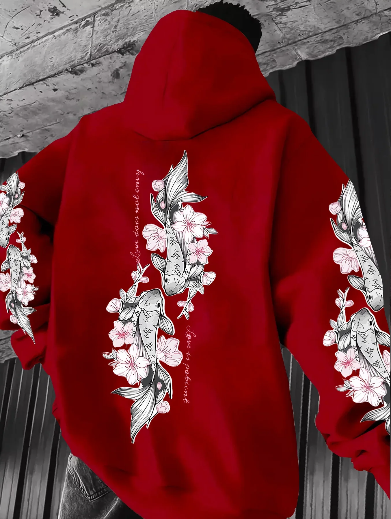 Vintage Japanese Koi Sakura Graphic Men Pullover Hoodie Back & Two‑Sleeve Print Hooded Sweatshirt Trendy Street Style Hoodies