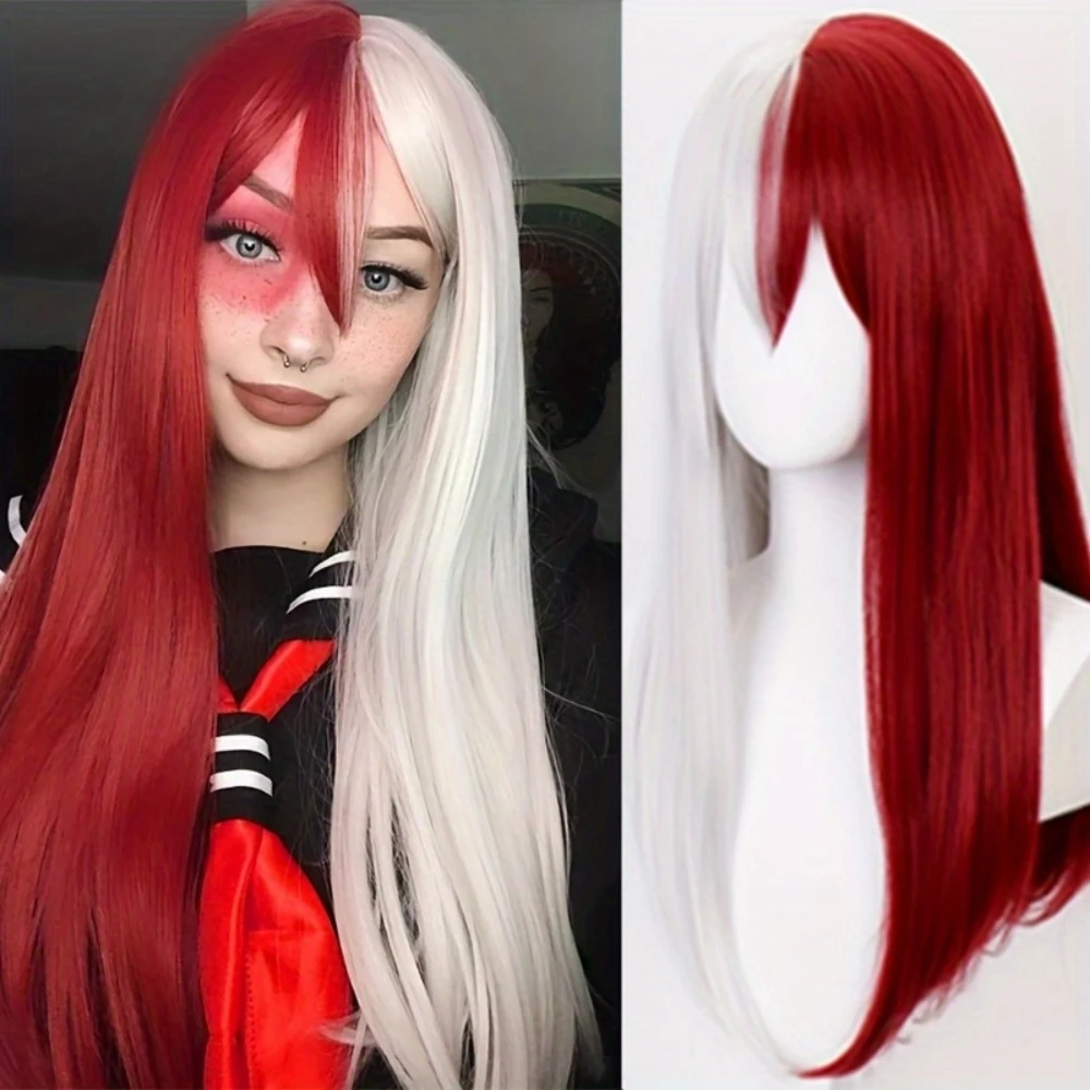 Syntetyczne czerwono-fioletowe peruki dla kobiet Hime cut Fringe Bangs Split Dye Halloween Party Cosplay items Wig Half and Half Color