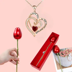 Luxury Heart Zircon Necklace With Rose Gifts Box For Women Mother's Day 2024 New Fashion Valentine Christmas Jewelry Gift