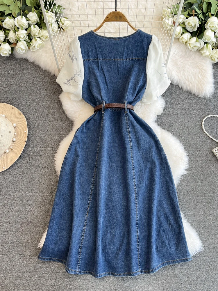 Summer 2024 Denim Dress New Patchwork Bubble Sleeve with Belt Over Knee Length Oversized Skirt Dresses