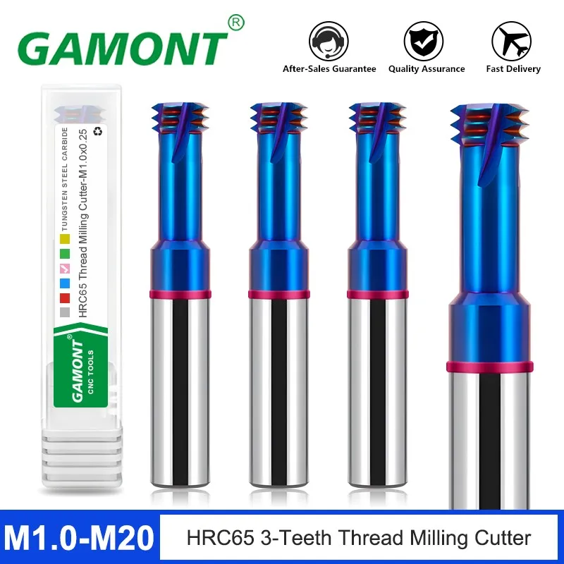 GAMONT HRC65 3-Teeth Thread Milling Cutter Tungsten Steel Carbide Blue Nano Coating High Hardness Endmill For CNC Machin Tools