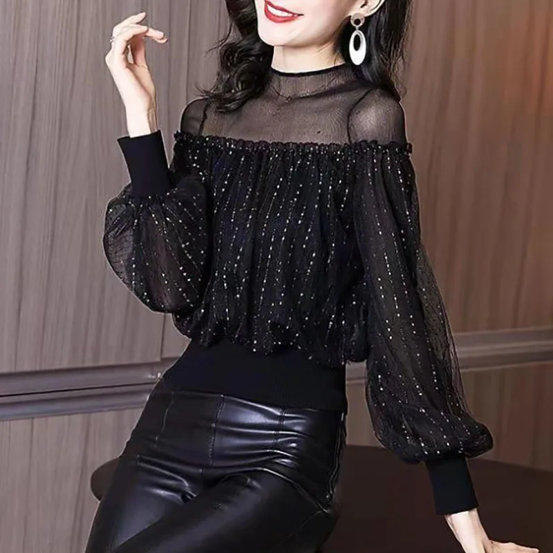 Elegant Beading Bright Silk Spliced Gauze T-Shirt Women\'s Clothing 2023 Autumn Winter Loose Korean Tops Lantern Sleeve Tee Shirt