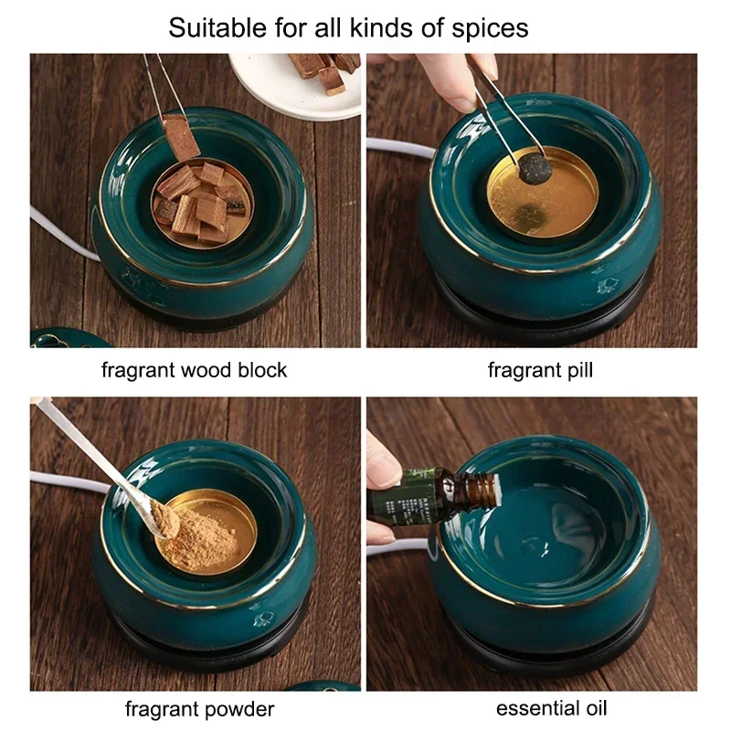 Imagem -02 - Queimador de Incenso Plug-in com Temperatura Cronometrada Forno de Óleo Essencial Aquecedor de Chá Verde Escuro Sândalo Plug-in Adaptador eu 110v 220v