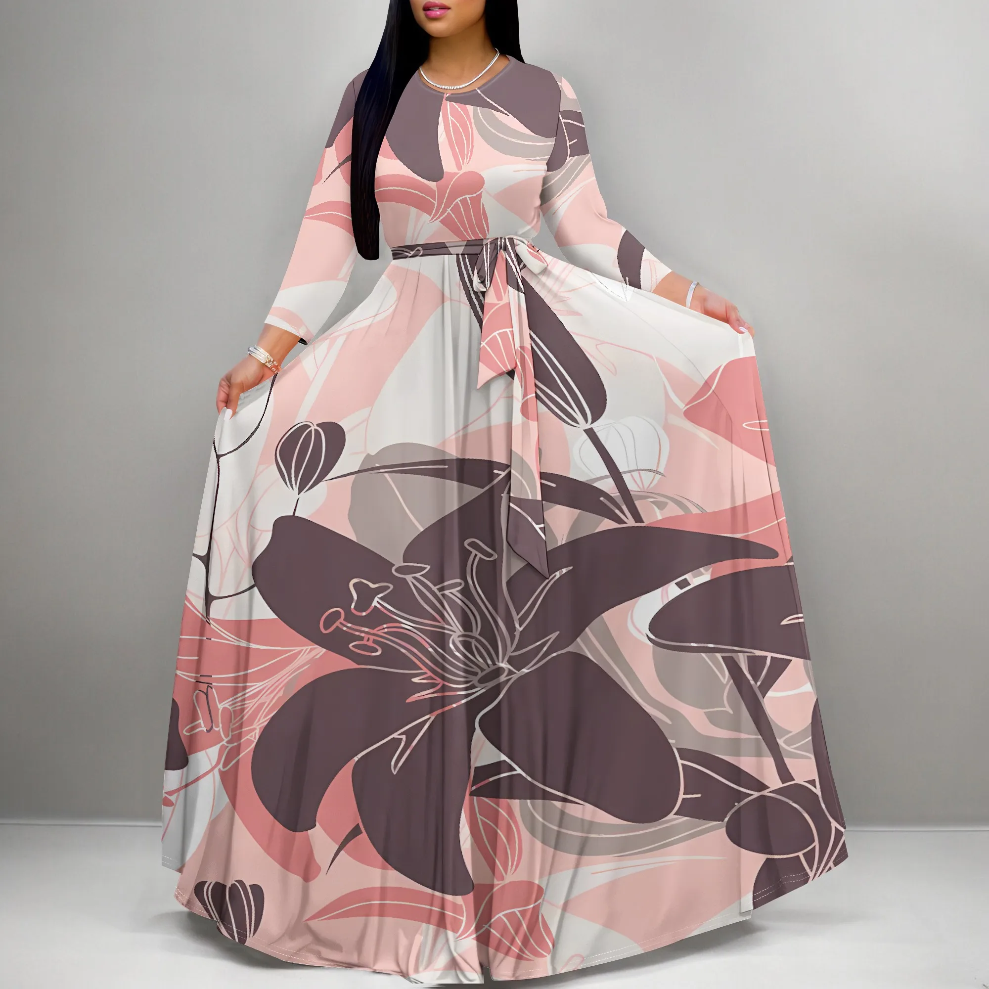 

Maxi Dress for Women, Elegant Long Sleeve Belted Floral Dress, Vintage Floral Print