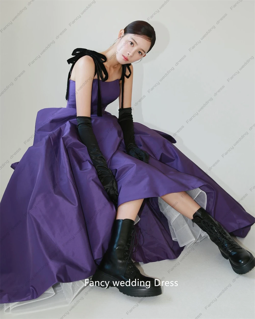 Phantasie Korea lila Abendkleid quadratischen Hals ärmellose Brautkleid boden lange Satin Brautkleider nach Maß