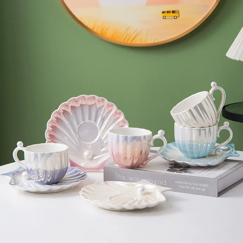 Ins Gradient Color Pearl Shell Ceramic Cup Afternoon Tea Cups and Plates Exquisite Ceramic Coffee Cup Home TeaCups Dessert Dish