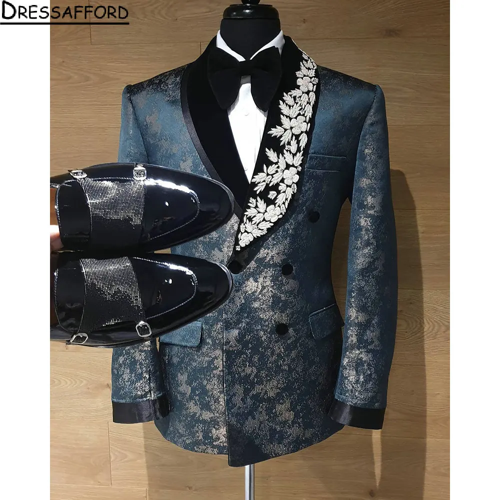 Navy Blue Jacquard Groom Wear Appliques Lace Formal Men Suits 2 Piece Jacket And Pants Sets Smart Casual Business Blazer