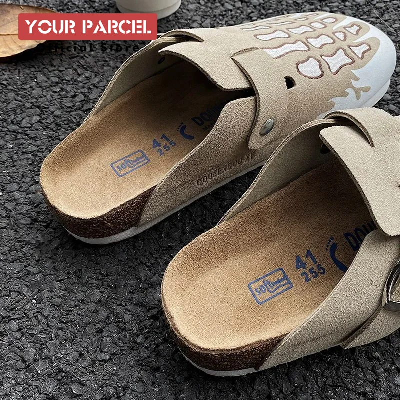 Chaussures Birken brodées Sophia pour hommes et femmes, pantoufles surélevées en cuir véritable, design couple, pantoufles d\'extérieur, grande taille