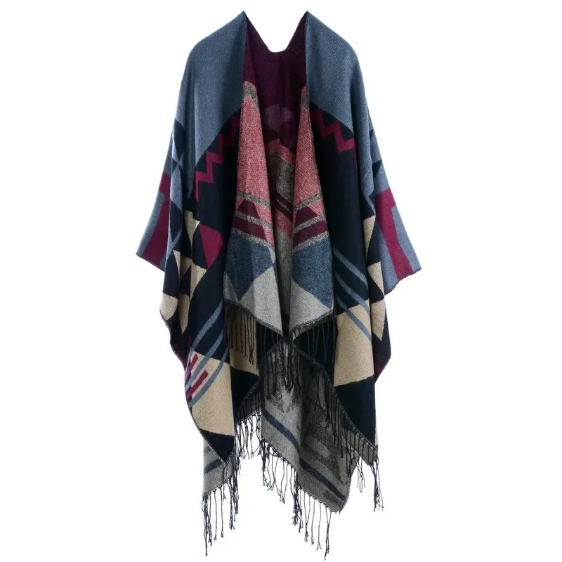 Bohemian Style Cloak Lengthened Thickened Scarf Imitation Cashmere Winter Shawl Travel Fork Cape