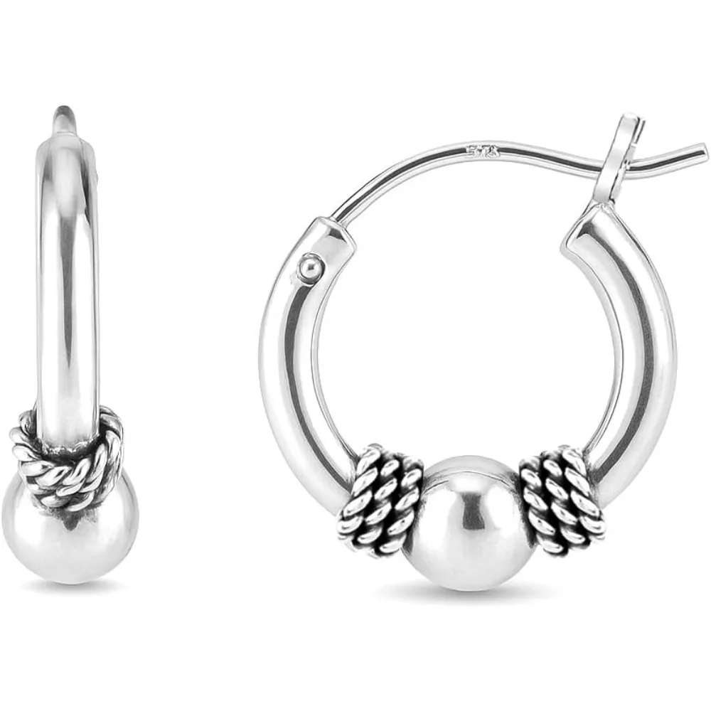 

Antique Sterling Silver Lightweight Filigree Small Beaded Hoop Earrings for Women Teen Oxidized Texture