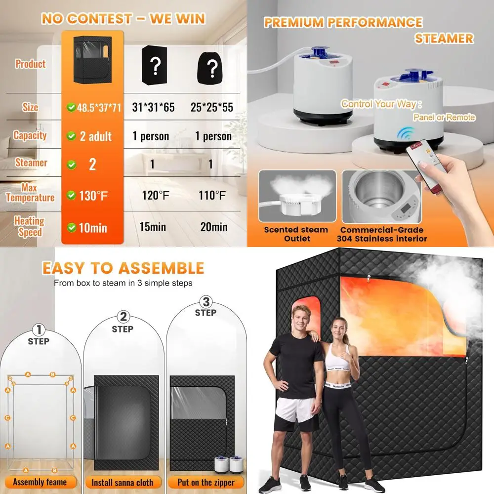 

2-Person Portable Steam Sauna with Adjustable Chairs, 9-Level Heating, Remote Control (Black, Large)