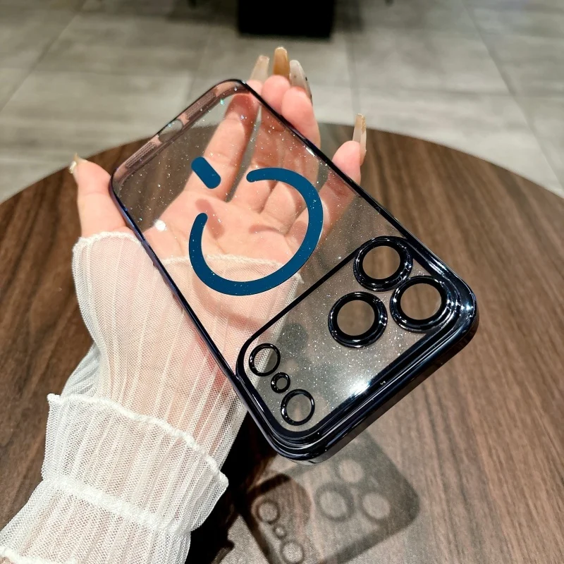 حافظة مغناطيسية لاسلكية لامعة برتقالية من إيما لهاتف آيفون 17 16 15 14 13 12 11 Pro Max Plus مع حماية عدسة تغطية كاملة