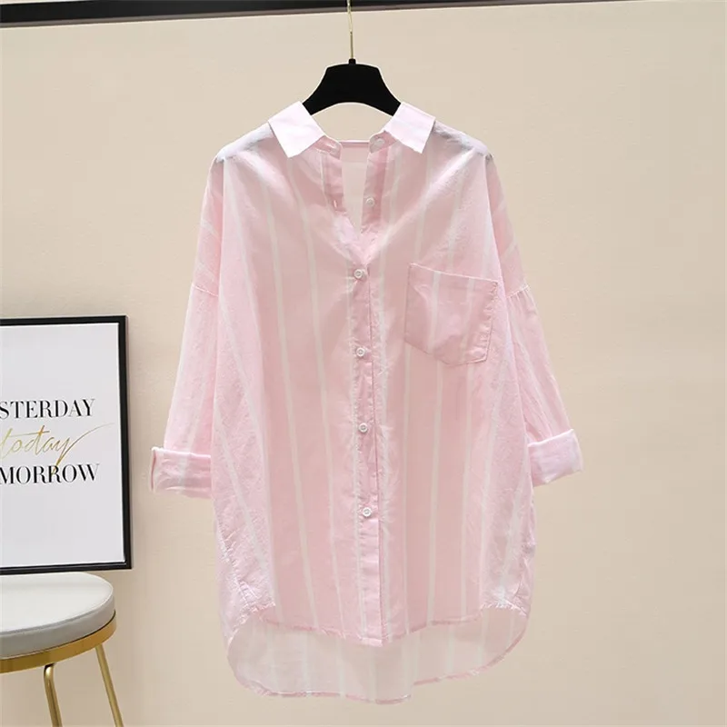 Women\'s 2024 New Summer Shirts Vertical Striped Sunscreen Shirt Spring Loose Casual Yellow Green MidLlength Shirt Top Female