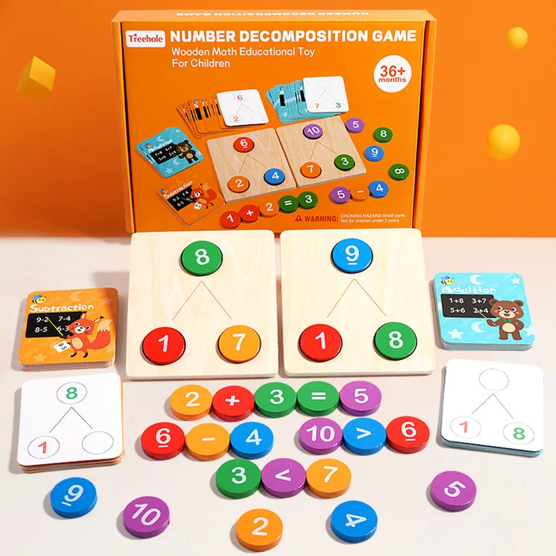 Math Operation Learning Toy with Question Cards, Wooden Mathematical Logic Thinking Training,  Number Decomposition Puzzle Toys