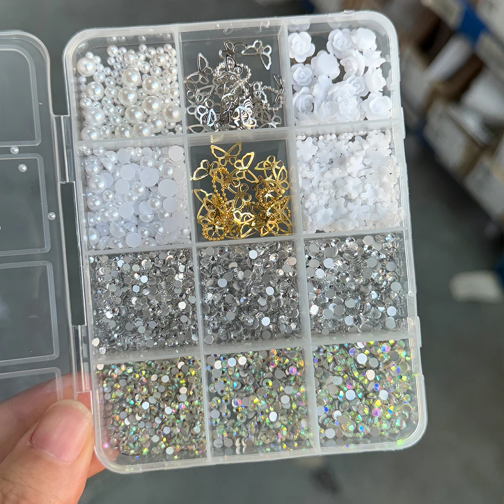 12칸 3D 혼합 오로라 리본 네일 아트 장식 플랫백 레진 리본 진주 하트 별 네일 참 DIY 공예 매니큐어 용품